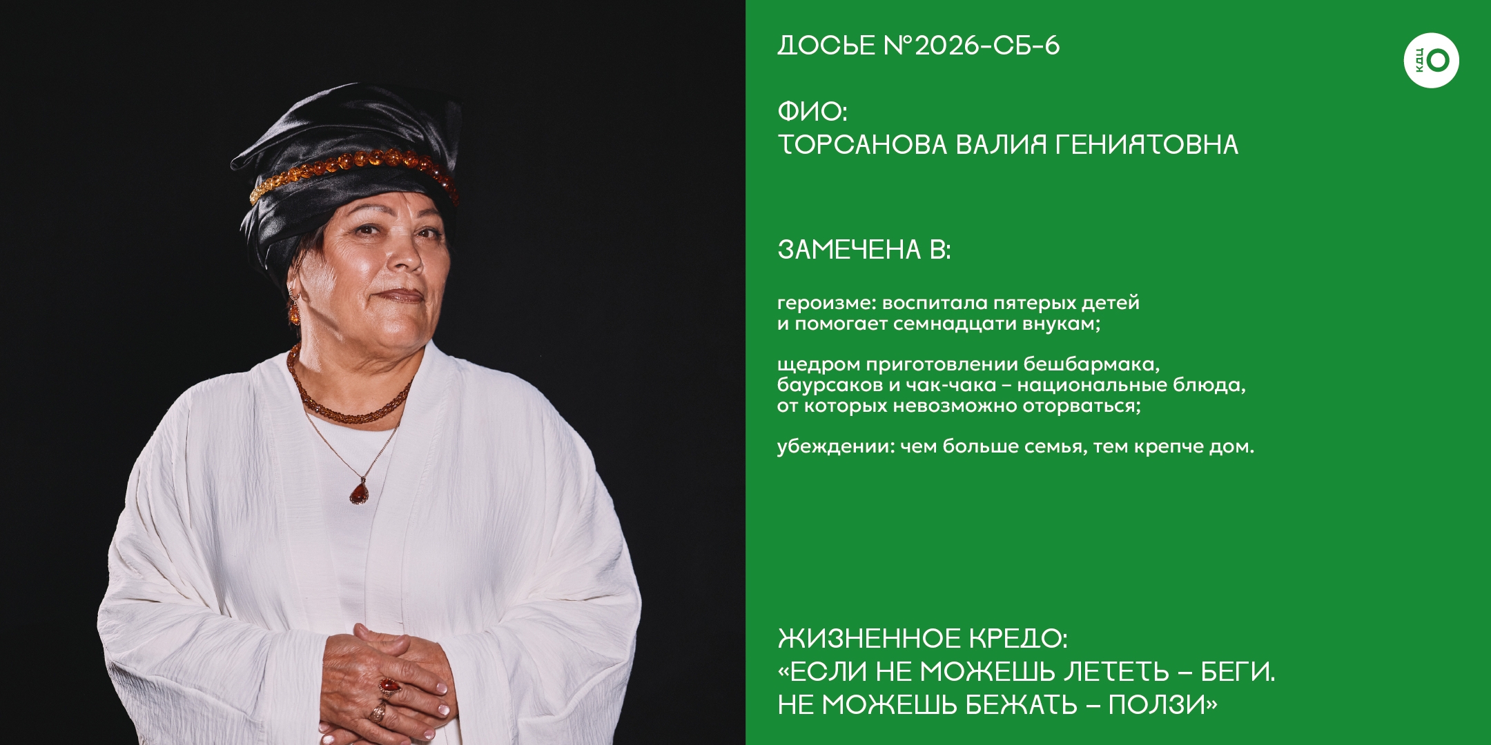 Досье № 2026-СБ-6 на участницу конкурса. Слева — портрет элегантной женщины в чёрном костюме и необычной шляпе. Справа на зелёном фоне — текст: ФИО и подробный текст.