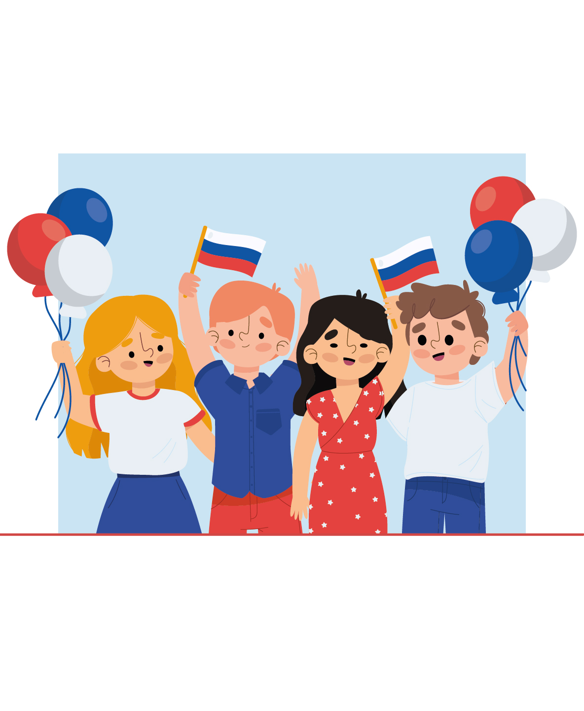 На картинке четверо детей, у них флаги России и воздушные шары.