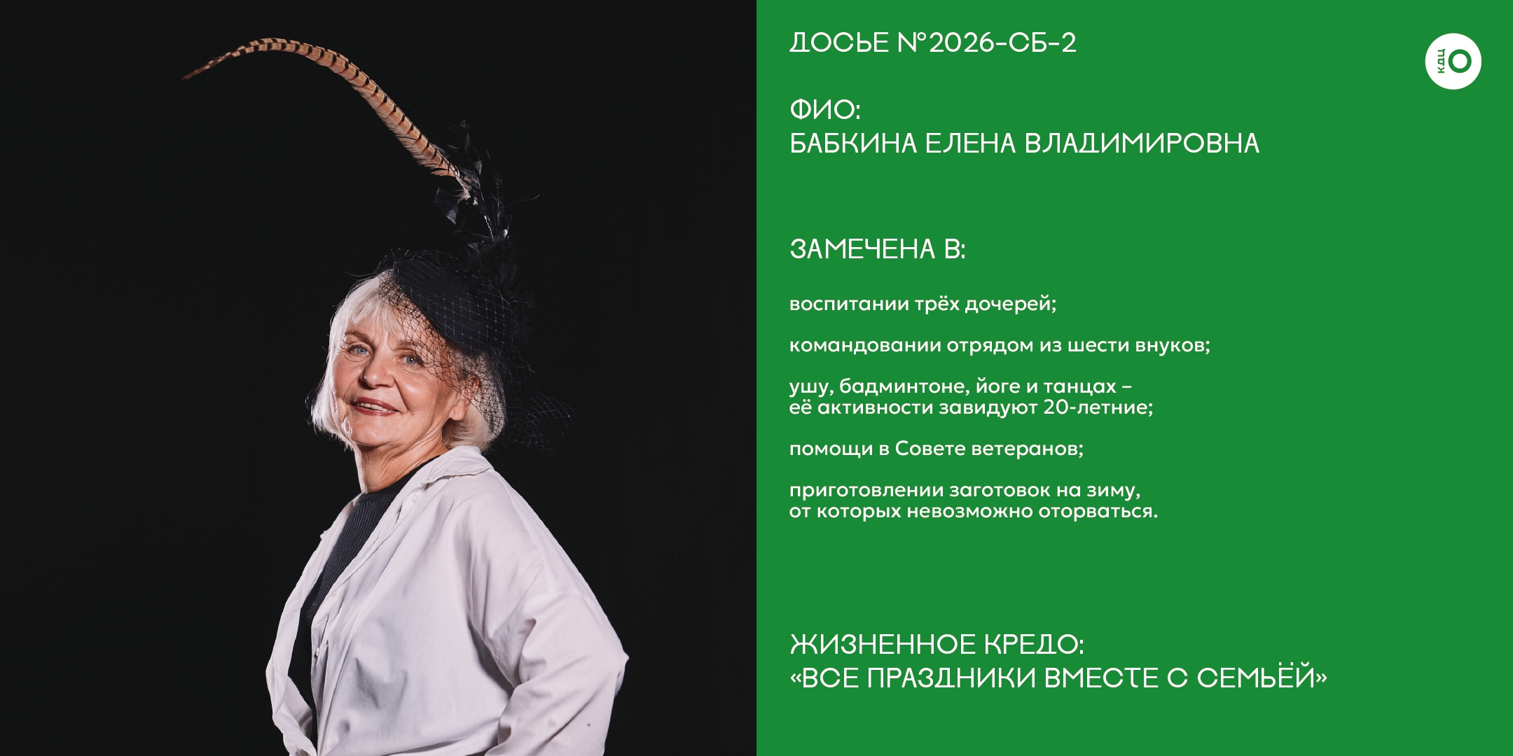 Досье № 2026-СБ-2 на участницу конкурса. Слева — портрет элегантной женщины в чёрном костюме и необычной шляпе. Справа на зелёном фоне — текст: ФИО и подробный текст.